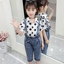 Комплект одежды для девочек, футболка в горошек+ джинсовый комбинезон, 2 предмета, летняя одежда для девочек-подростков, одежда для детей 6, 8, 10, 12, 13, 14 лет