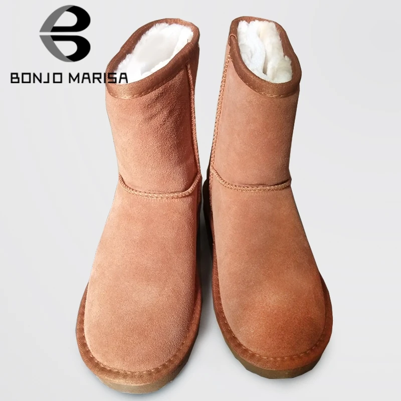 

BONJOMARISA New Winter Concise Super Warm Snow Boots Women Split Leather Booties Women Platform Ankle Boots 2019 Shoes Woman