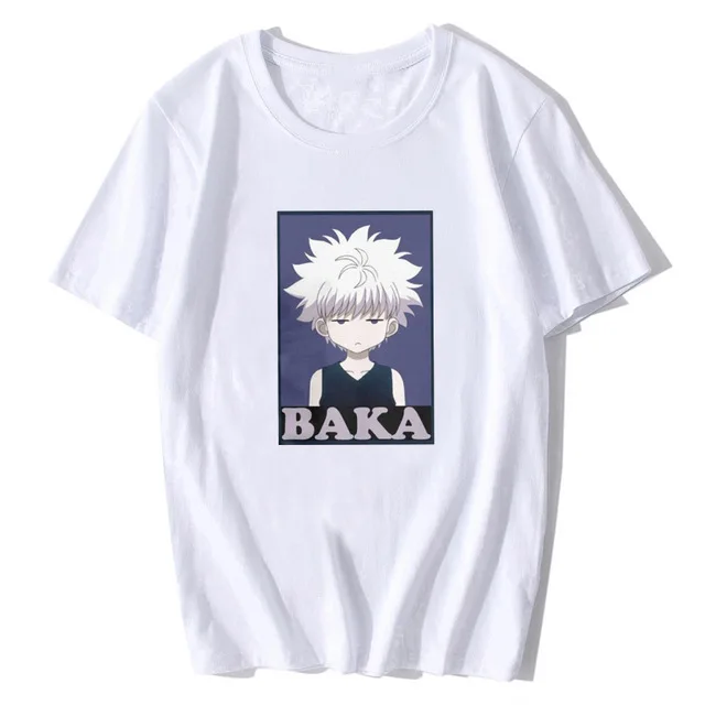 Охотник х Охотник футболки Killua Zoldyck Baka классический комикс о-образный вырез с коротким рукавом классический аниме Япония хлопок футболки мужские - Цвет: Белый