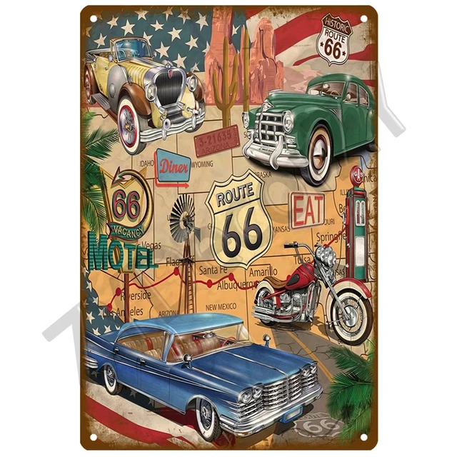 Placa Decorativa Ruta 66 - 20x30 Cm, Metal Retro, Estilo Vintage
