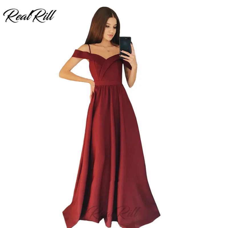 

Real Rill Off The Shoulder Prom Dresses 2019 Spaghetti Straps Lace Up Back Floor Length A-Line Evening Gown Satin Long Dress