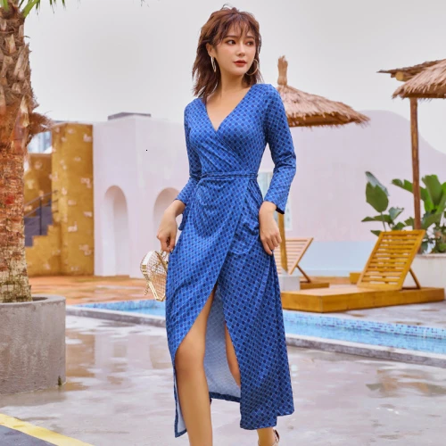 

2019 Autumn Korean Version Bow Women Dress New Style Seven-minutes Sleeve Slim Printed Sexy Female Holiday Beach Long Dresses
