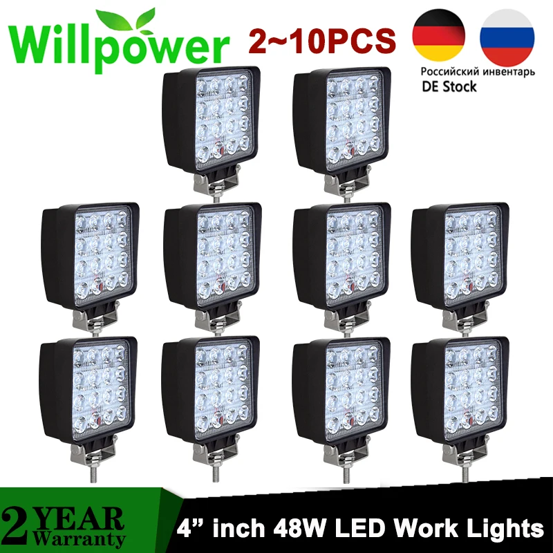 

2/4/10pcs 4" inch 48W LED Work Lights Waterproof Spot Flood Offroad Driving Spotlights Tractor Truck Car 4x4 ATV UTV 12V 24V