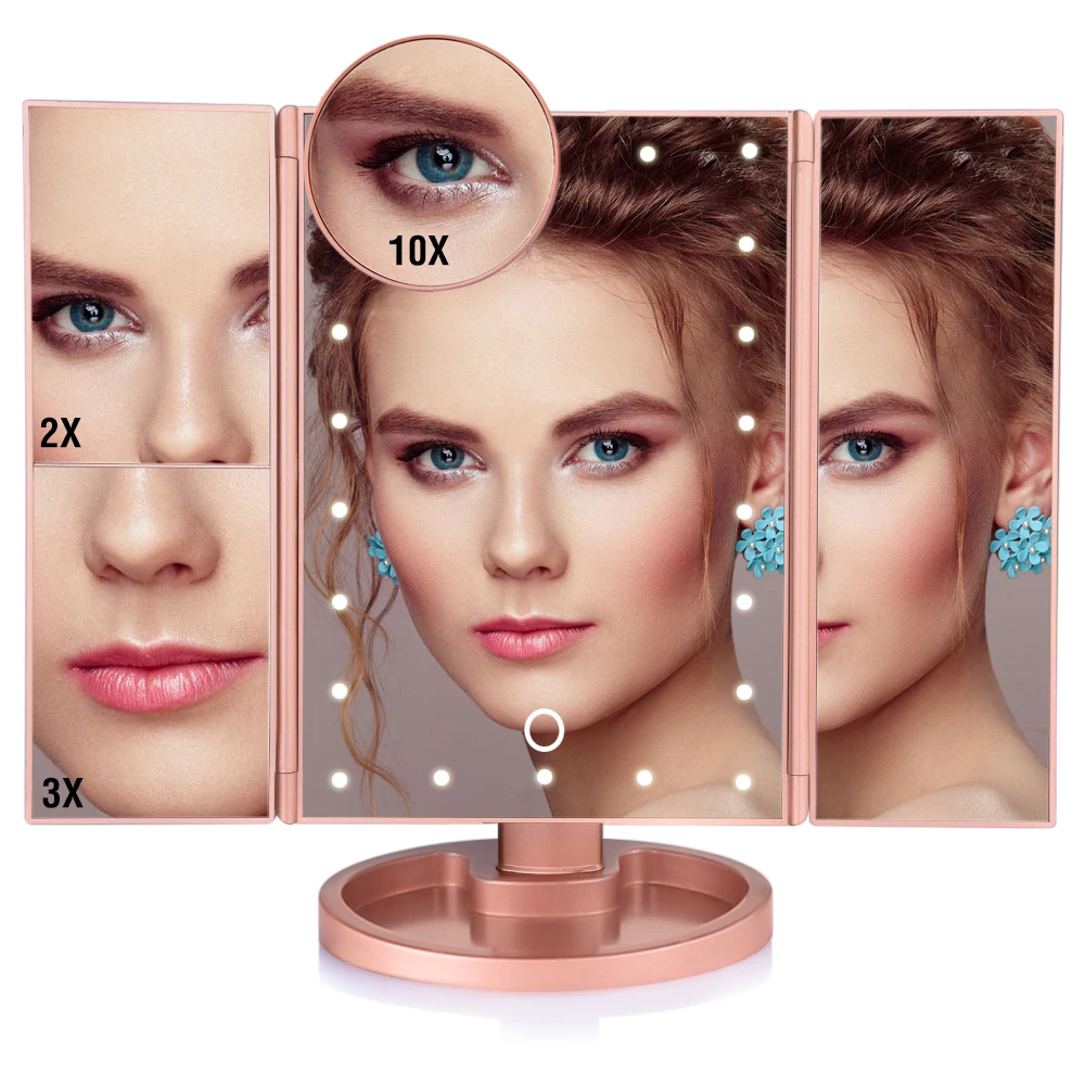 3 складной регулируемое зеркало для макияжа с светодиодный светильник 22 светильник Сенсорный экран 1X/2X/3X/10X увеличительное 180 градусов Поворот настольное зеркало