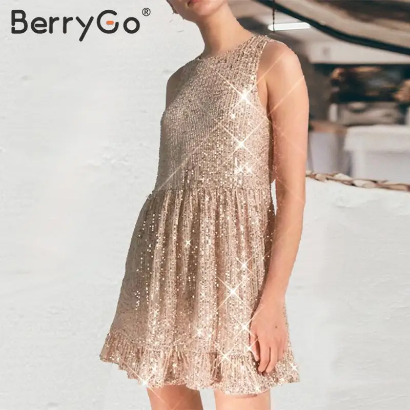 BerryGo, сексуальное короткое платье с блестками для вечеринки, высокая талия, гофрированное, без рукавов, летнее женское платье, ТРАПЕЦИЕВИДНОЕ, для ночного клуба, женское платье, vestidos