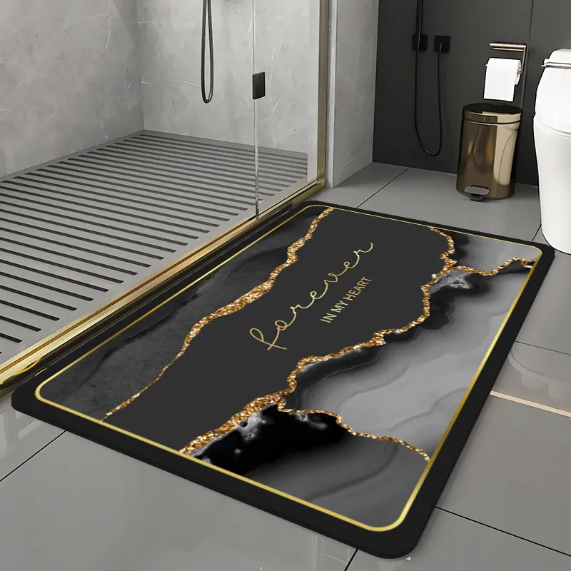 BlackMarbleBathroomMatDiatomiteQuickDryLuxuryFloorBathMat