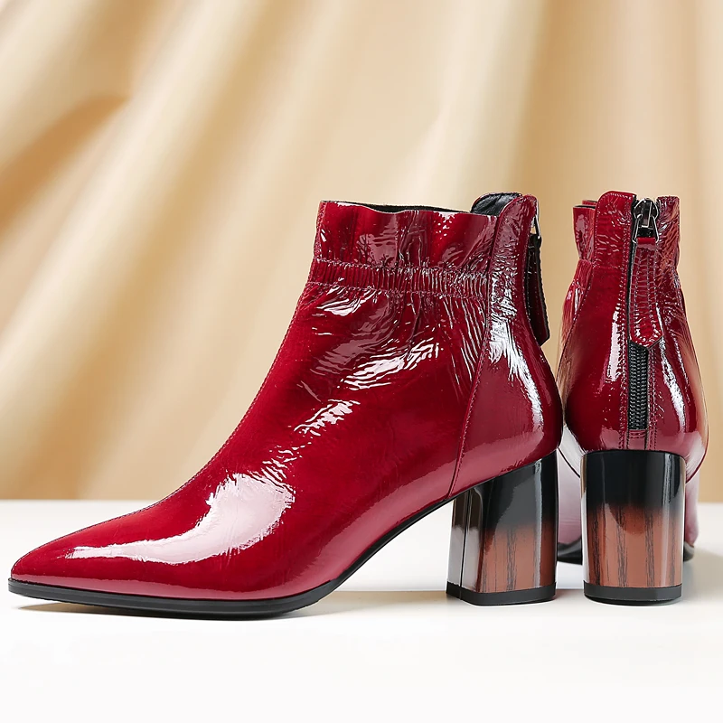 

INS HOT Women ankle boots cowhide upper shoes autumn and winter ladies boots Wrinkled patent leather pointed square ankle boots