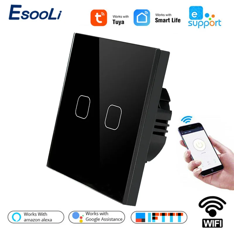 

Esooli Smart Home Tuya/Smart Life/ewelink 2 Gang 1 Way WiFi Wall Light Touch Switch for Google Home Amazon Alexa Voice Control