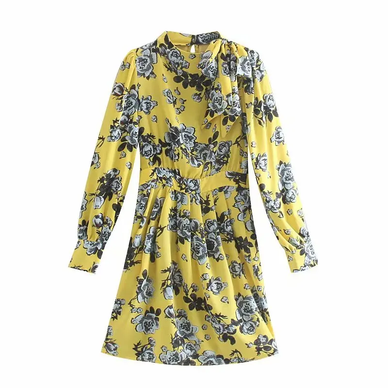 

QZ930 Autumn Women's Elegant Yellow Color Floral Print Pleated Ribbon Deco Dress Match All Chic Vestidos