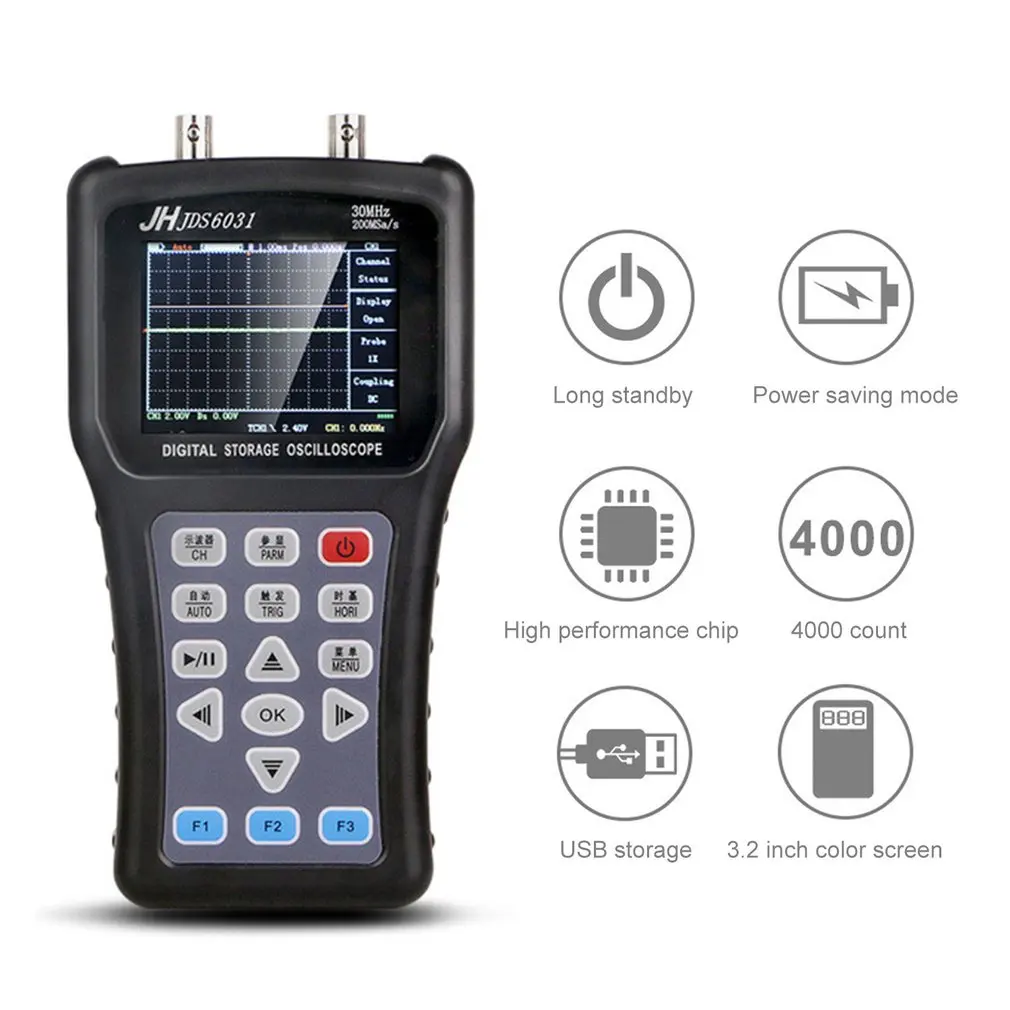 

JDS6031 Hand-held Oscilloscope 1CH 30M 200MSa/S with USB Charger Probe Cable Set Automatic Waveform Capture Oscilloscope