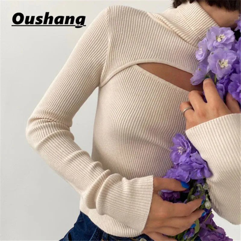 

Knitted Turtleneck Tops Women Long Sleeve T shirts Hollow Out Slim Tees Autumn Winter Skinny Clothing Ribber Casual Streetwear