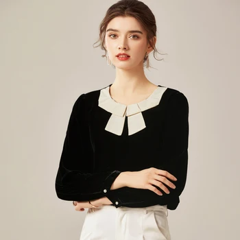 

100% Silk Women's Shirt Bow Detailing Long Sleeves Color Block Elegant Velvet Silk Autumn Blouse Tops