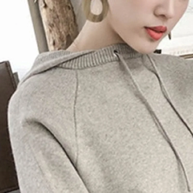 Women's autumn and winter knitted dress, long section, long sleeve hooded sweater, lazy wind, loose sweater dress, solid color