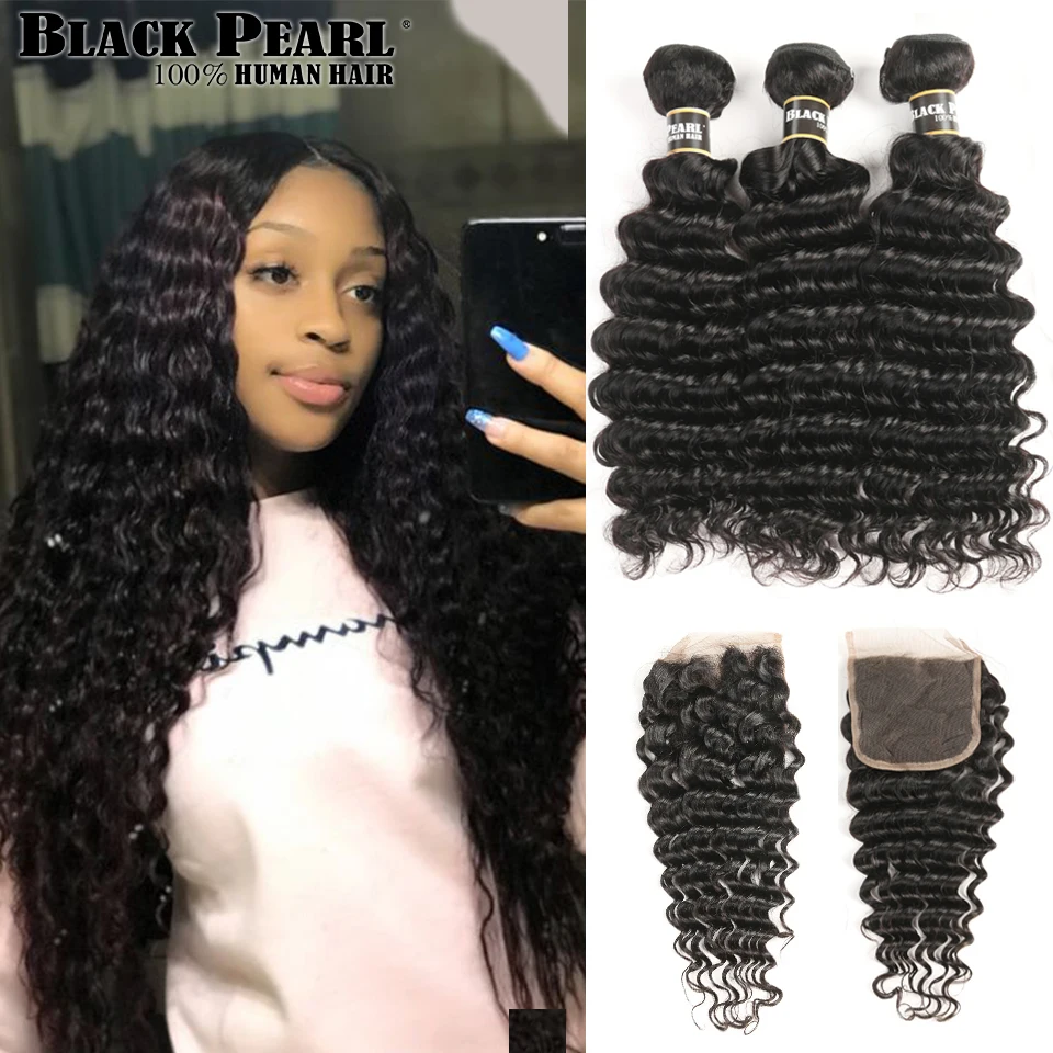  Black Pearl Human Hair Deep Wave Bundles With Closure Non-Remy Malaysian Hair Bundles With Closure 