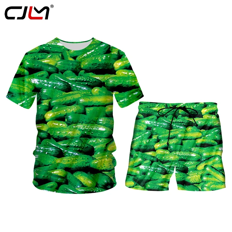 CJLM Summer 2 Piece Set 3D Paint Pickles Cucumber Graphic Short Sleeve Tank Tops Shorts Mens Sets Gym Sleeveless Hoodie Tee Set