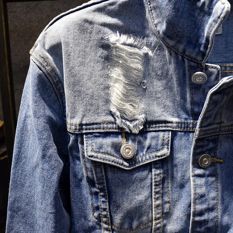 Boy Friend Style Korean Fake Hole Ripped Unisex Denim Jackets Casual Long Sleeve Single Breasted Slim Fit Male Streetwear Coats