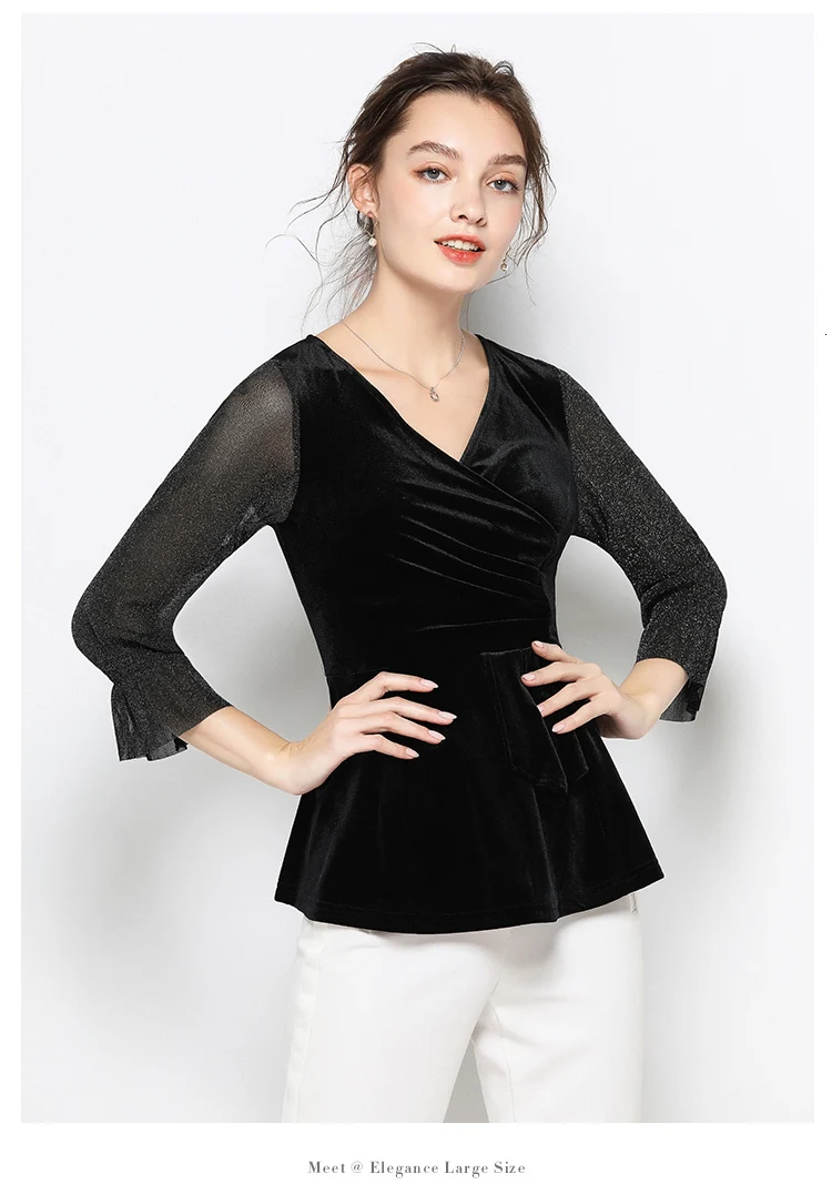Велюровая бархатная черная блузка большого размера для женщин размера плюс 5xl 4xl XXXL с v-образным вырезом и длинным рукавом Ретро Винтажные Женские топы и блузки