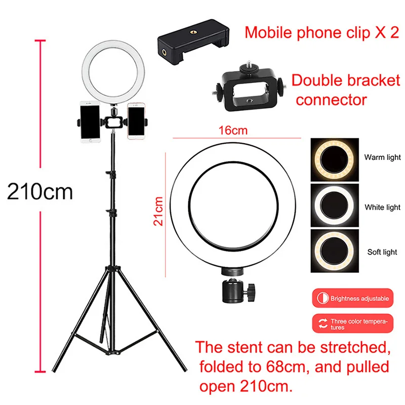 210cm tripod kit (B) Затемняемый Светодиодный кольцевой светильник 16 см 5 Вт фотостудия камера кольцевая лампа заполняющая свет для видео Live Youtube макияж селфи с штативом - Цвет: 210cm tripod kit (B)