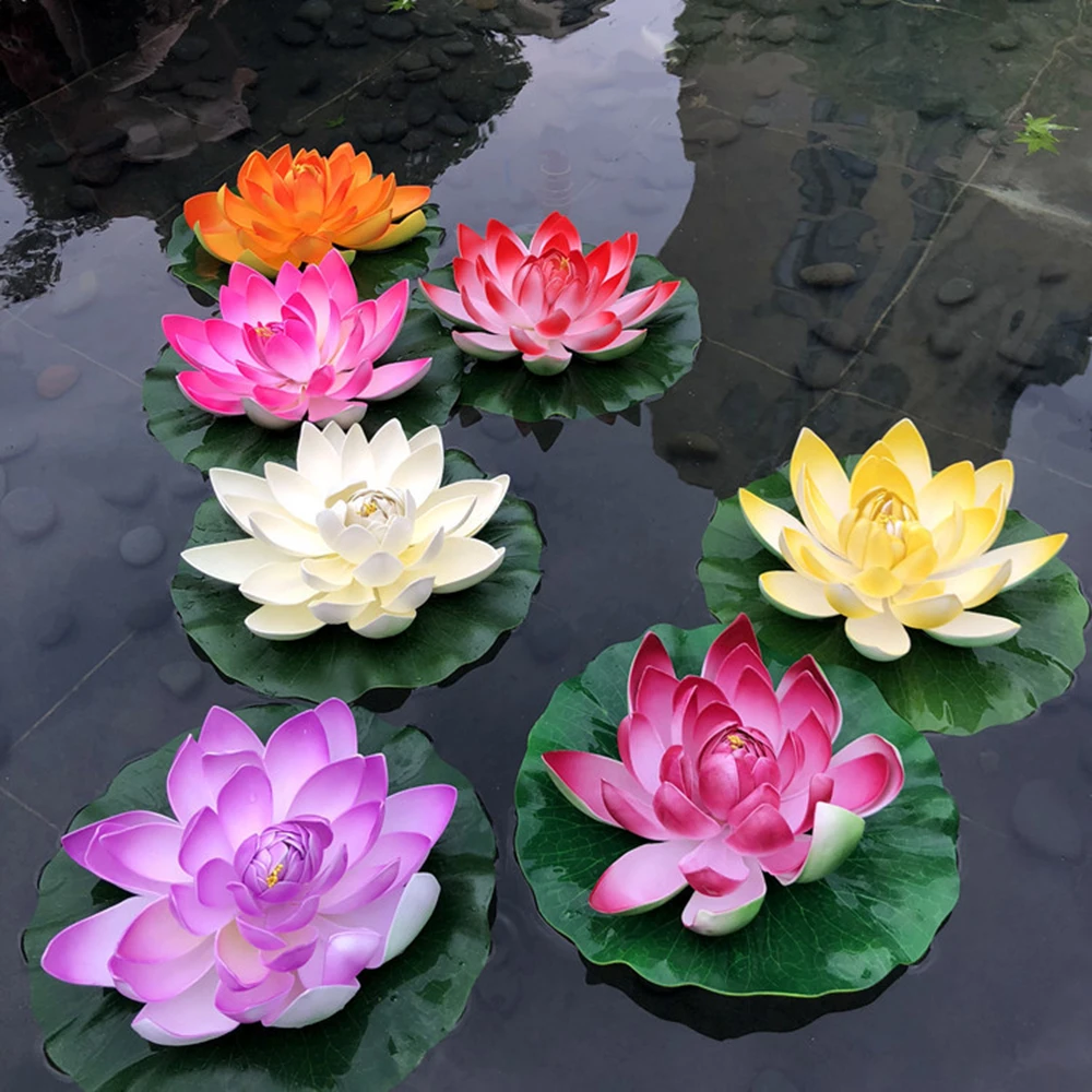 Silk Polyester Flower Floating Double Water Lily Yellow 15cm Home Yard Pond