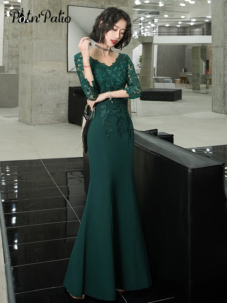 

Elegant Mermaid Prom Dresses With 3/4 Sleeves V-neck Floor-length Lace Spandex Satin Green Long Evening Gowns Plus Size