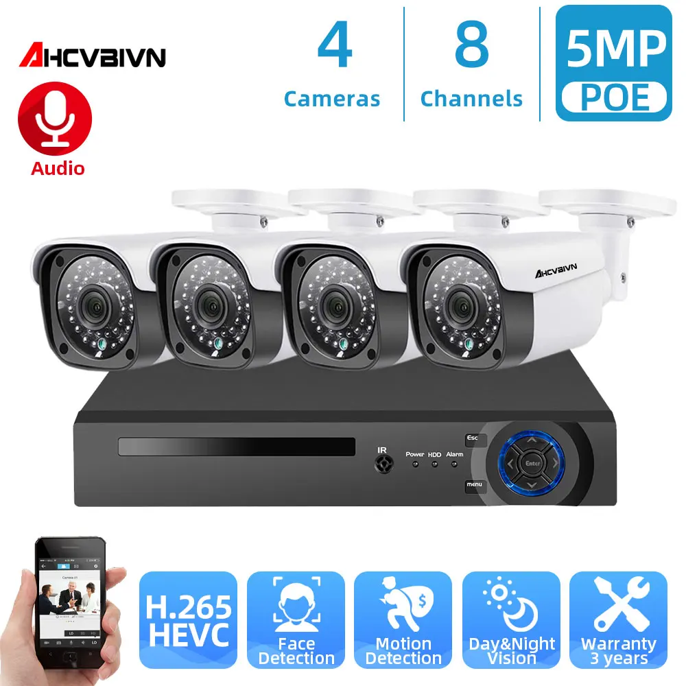 

AHCVBIVN H.265 8CH 5MP POE Security Camera System Kit Face Detection Audio Record IP Camera IR CCTV Video Surveillance NVR Set
