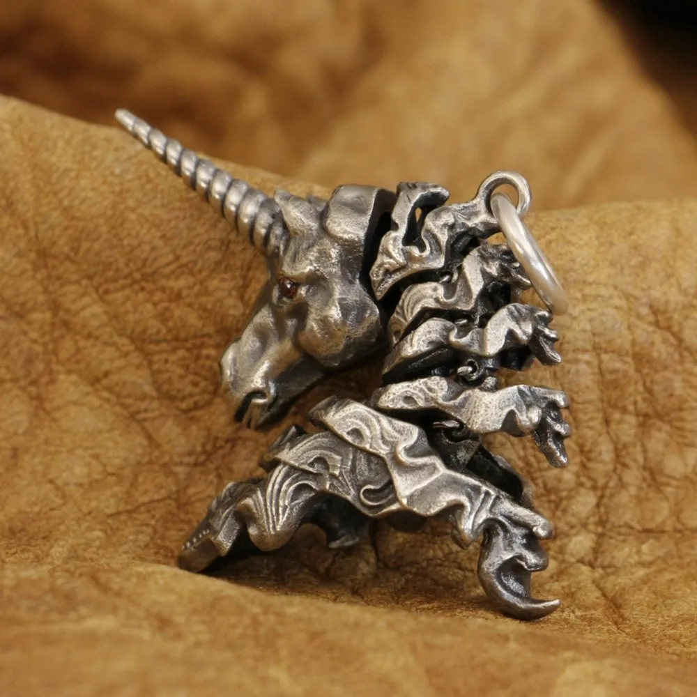 LINSION Cupronickel Charms Red Eyes Neck Moveable Unicorn Pendant Mens Biker Rock Punk Pendant CP288 JP 4