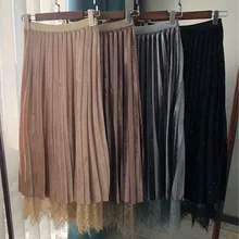 Женская эластичная кружевная сетчатая плиссированная бархатная Юбка-миди с высокой талией, двухсторонняя юбка