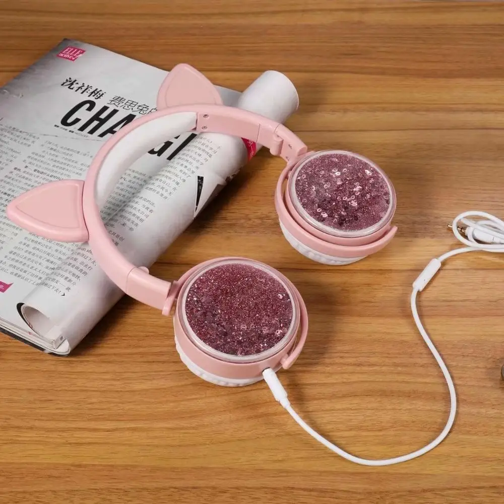 Girls Cat Ear Headset Quicksand Decor Music Sports Headphones for Kids Gifts