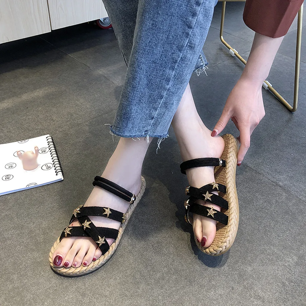 

Nice Summer Slippers Rome Flat Cross Straps Hemp Rope Leisure Flat Women Sandals Fashion Solid Color Peep Toe Beach Shoes