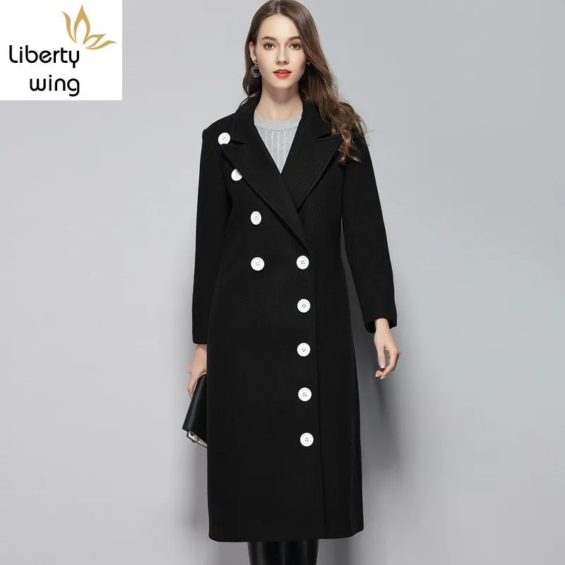 

Double Breasted Wool Blends Women Elegant High Quality Solid Black Suit Collar Woolen Long Coats Female Casual Thicken Jackets