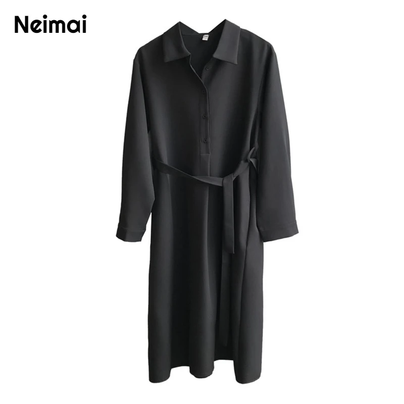 Neimai шифоновое платье с длинными рукавами черное Vestido винтажное Осеннее