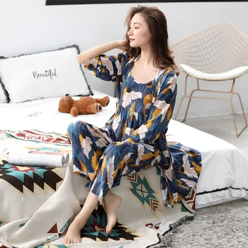 

Women Print Summer Casual 3 PCS Strap&Robe&Pant Sleepwear Satin Flower Pajamas Set Long Sleeve Ladies Home Clothes Sleep Suit
