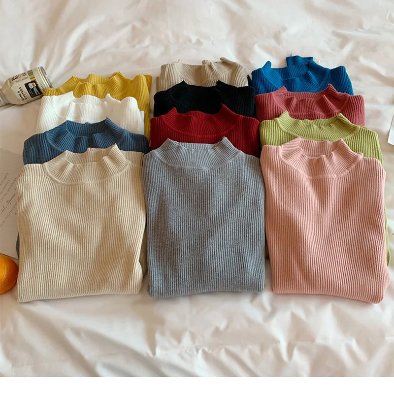 

new half high collar sweater solid young girl clothes students candy knitting 11color teenagers coat