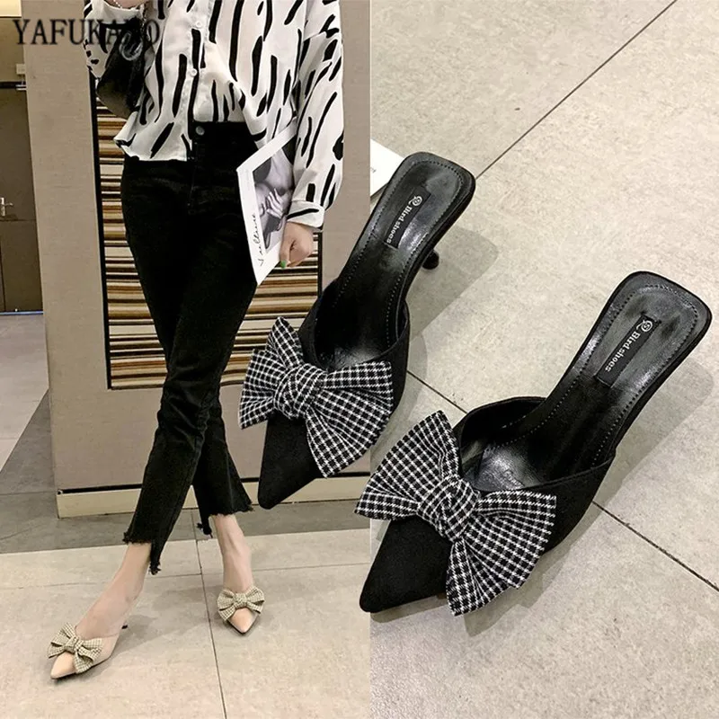 2020 Summer Women's Shoes Korea Pointed Toe Bow Tie Sexy Slippers High Heels Outside Slides | Обувь
