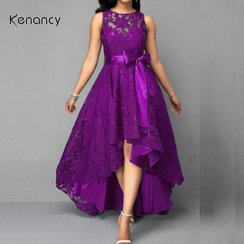 Женское кружевное платье без рукавов асимметричное вечернее с круглым вырезом и