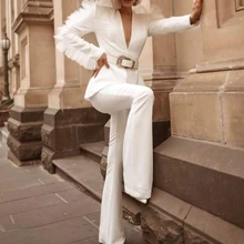 Missord осень зима сексуальный глубокий V длинный рукав сетчатый комбинезон сплошной цвет элегантный Блейзер и брюки элегантный комбинезон FT19773