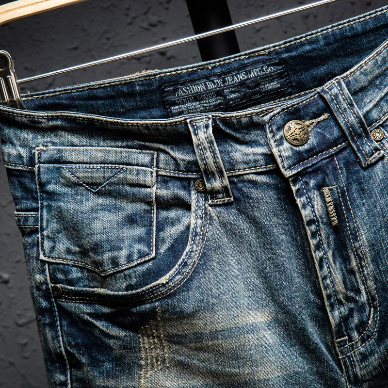 Classic Retro Distressed Men's Letter Printed Jeans Short Knee Length Straight Slim Frayed Trend Punk Male Denim Short