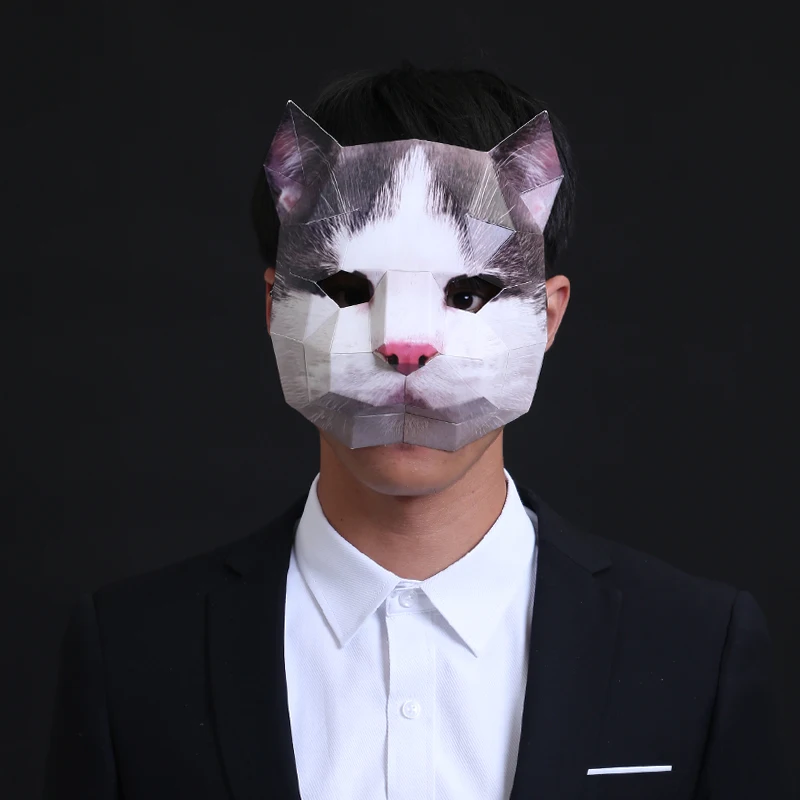 

3D Paper Mold Cartoon Cat Half Face Mask Animal Head Halloween Cosplay Props Woman Men Party Role Play Dress Up DIY Craft Masks