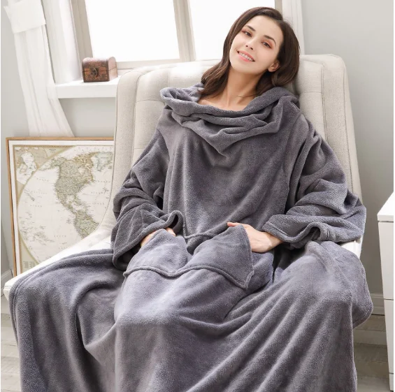 

New Warm Blanket Long Coral Fleece Blanket with Sleeves Coral Fleece Pocket Blanket Adult Winter Wash Flannel Blankets Robe