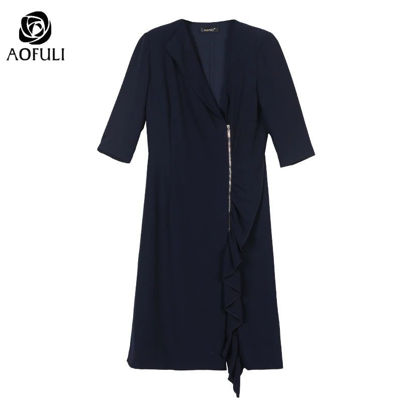 AOFULI L/XL/2XL на молнии гофрированное женское платье асимметричного кроя осень v-образный вырез с коротким рукавом офисное женское темно-синее платье A4063