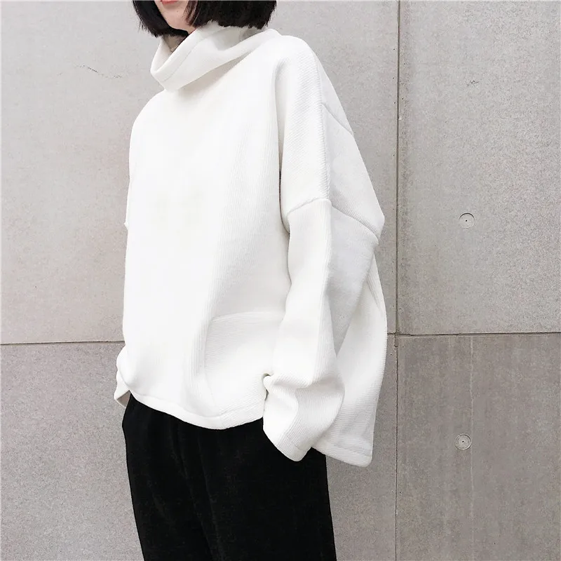 

SuperAen New Winter Women Hoody Thickened Long-sleeved Sweatshirt Solid Color Cotton Wild Casual Turtleneck Girls Sweatshirts