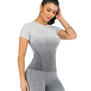 

2019 New Gradient Jacket Women Skinny Short Sleeve Skinny Outdoor Exercise Running Quick Dry T-shirt Fitness lady Suit