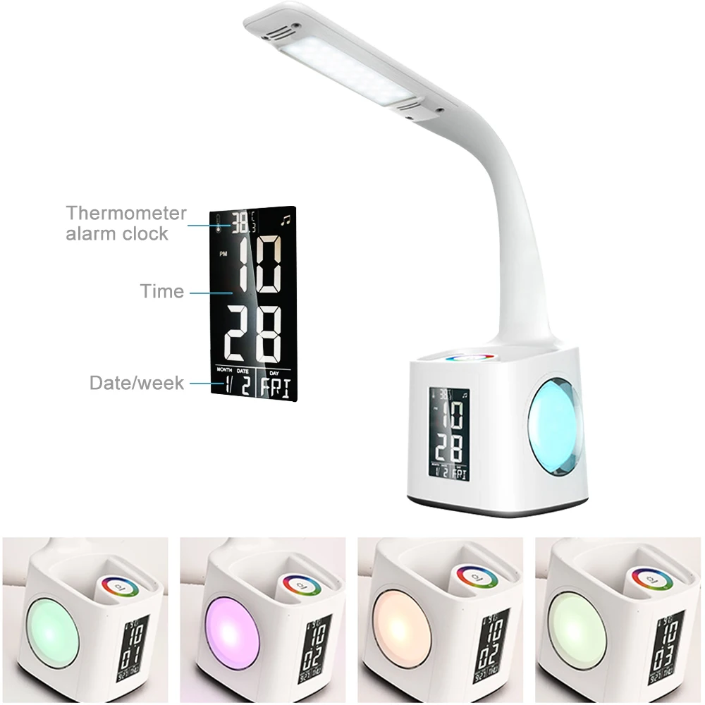 

LED Desk Lamp with USB Charging Port&Alarm Clock&Thermometer&Calendar 3-Level Dimmer Night Table Lamp with Pen Holder for Study