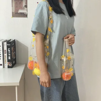 

Women Embroidered Flower Bag Light Clear Organza Jelly Small Tote Messenger Shoulder Bags Student Female Beach Handbags