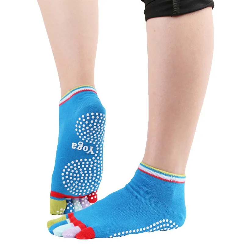 Полный фиксатор стопы для упражнений носки для йоги нескользящие носки с полным носком цветные на пять пальцев пальцы фитнес спортивный носок с захватами танцевальный балет Спорт - Цвет: Синий