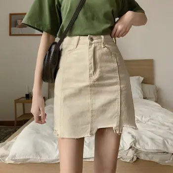 

Women Summer Black Solid Asymmetrical Demin Skirts Vintage High Waist Pencil Pockets Button Streetwear Mini Jeans Skirt Faldas