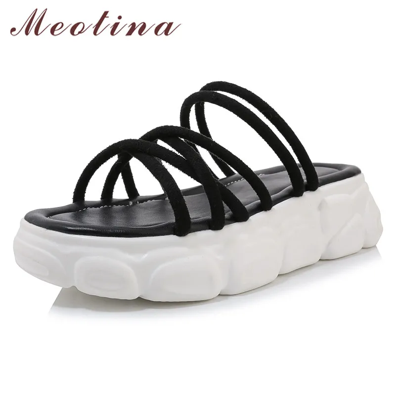 

Meotina Summer Slides Women Shoes Narrow Band Flat Platform Shoes High Quality Flock Open Toe Slippers Lady Sandals Plus Size 46