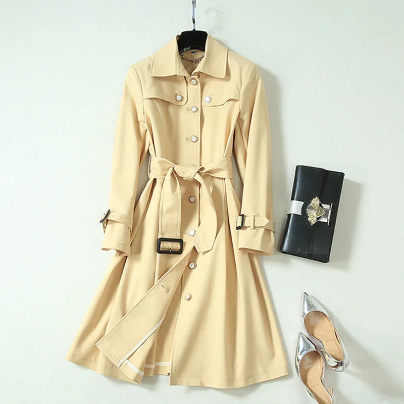 

Autumn Spring High Street Design Russian Women Long Trench Double Breasted Pockets Slim Solid Fashion Coats Windbreaker