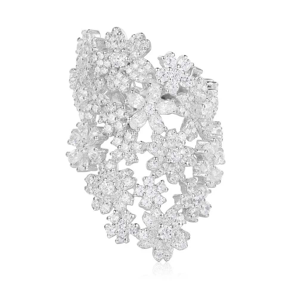 

925 Stelring Silver Party Jewelry Full Zircons Multiple Flowers Ring With AAA Cubic Zircon Women Wedding Finger Ring jewelry
