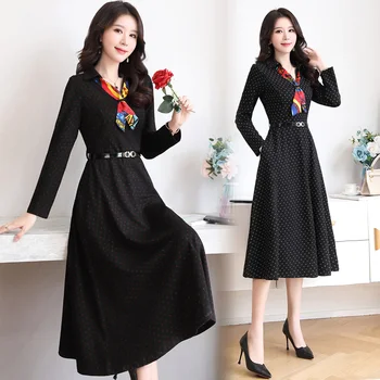 

2020 autumn women's clothing new fashion lapel temperament elegant print dress comfortable long - sleeve dress simple with belt